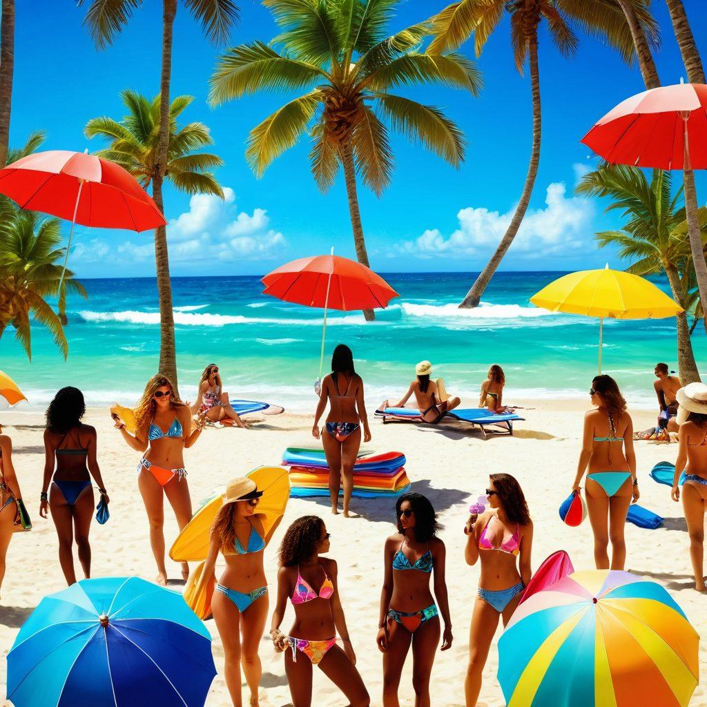 A lively beach scene featuring a diverse group of fashionably dressed individuals showcasing designer bikinis and trendy swimwear in vibrant colors. Include sun umbrellas, beach towels, and tropical palm trees, with a clear blue ocean in the background. Add playful elements like beach balls and surfboards to enhance the summer vibe. super-realistic. vibrant colors. sunny atmosphere.